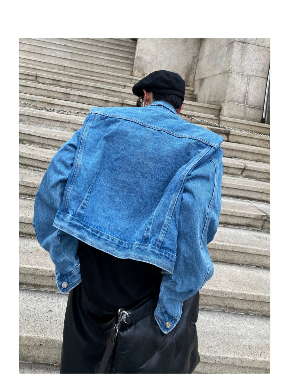 Pleated Short Denim Jacket with Padded Shoulders - description image 4