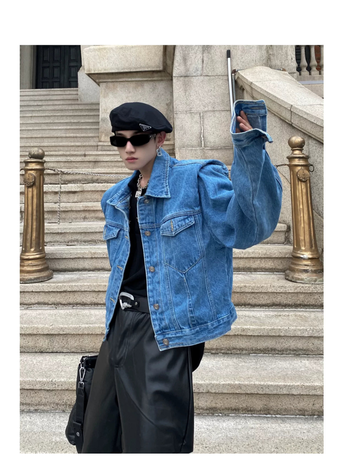 Pleated Short Denim Jacket with Padded Shoulders - description image 6