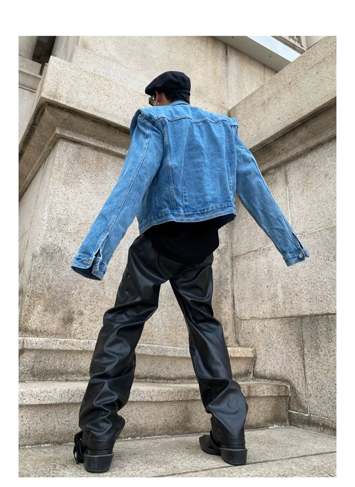 Pleated Short Denim Jacket with Padded Shoulders - description image 8