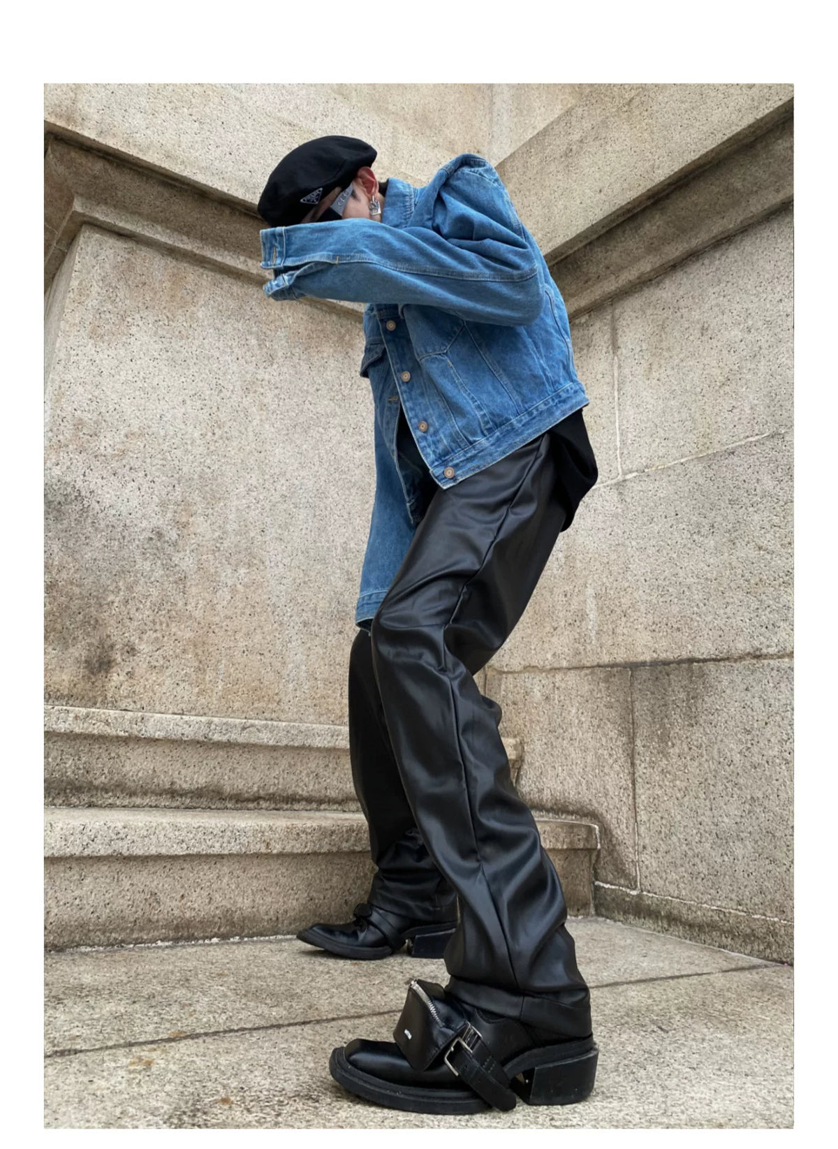 Pleated Short Denim Jacket with Padded Shoulders - description image 10