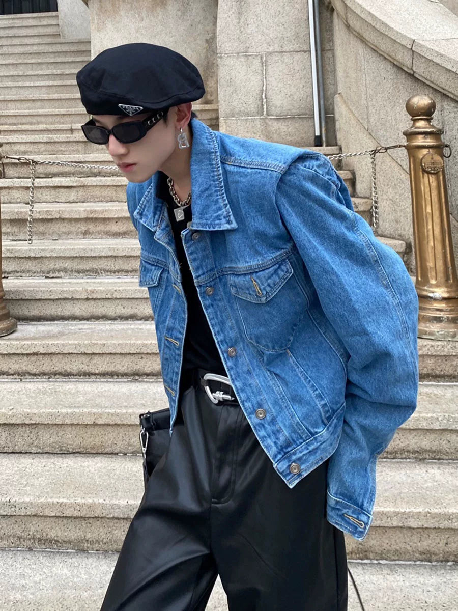Pleated Short Denim Jacket with Padded Shoulders - main image 1