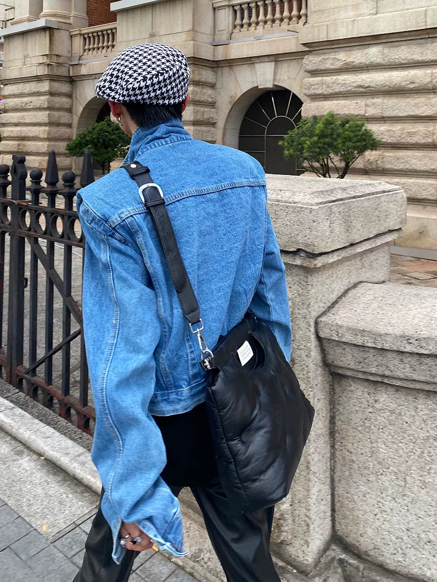 Pleated Short Denim Jacket with Padded Shoulders - main image 3