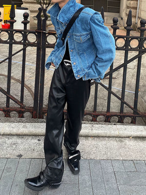 Pleated Short Denim Jacket with Padded Shoulders - main image 4