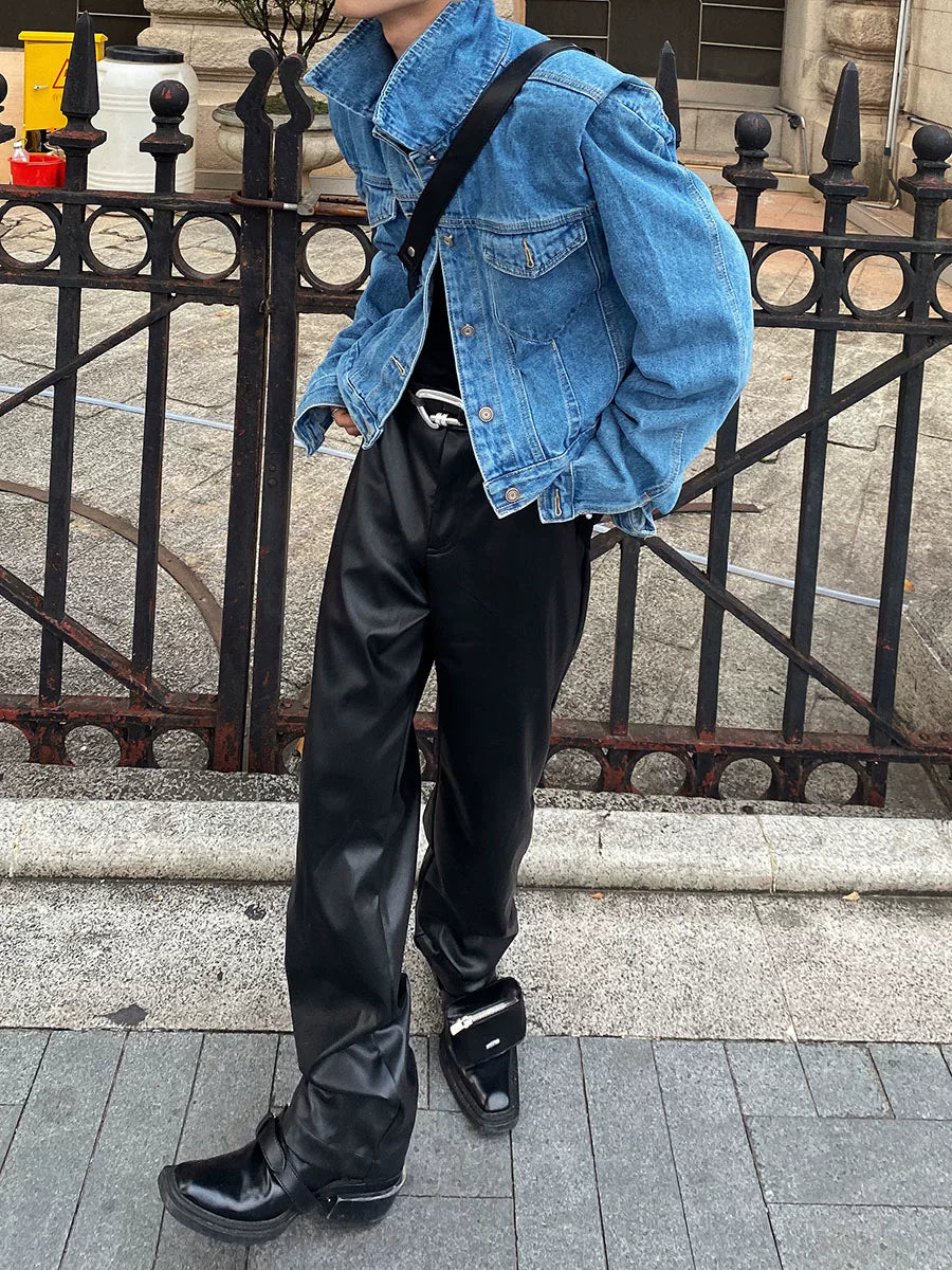 Pleated Short Denim Jacket with Padded Shoulders - main image 4