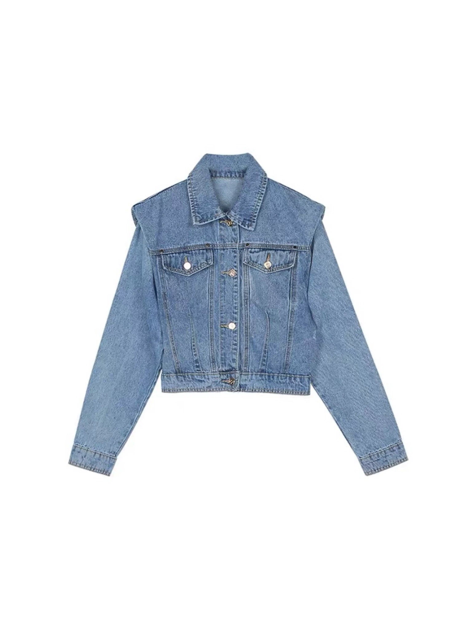 Pleated Short Denim Jacket with Padded Shoulders - main image 5