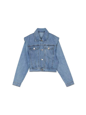 Pleated Short Denim Jacket with Padded Shoulders - main image 5