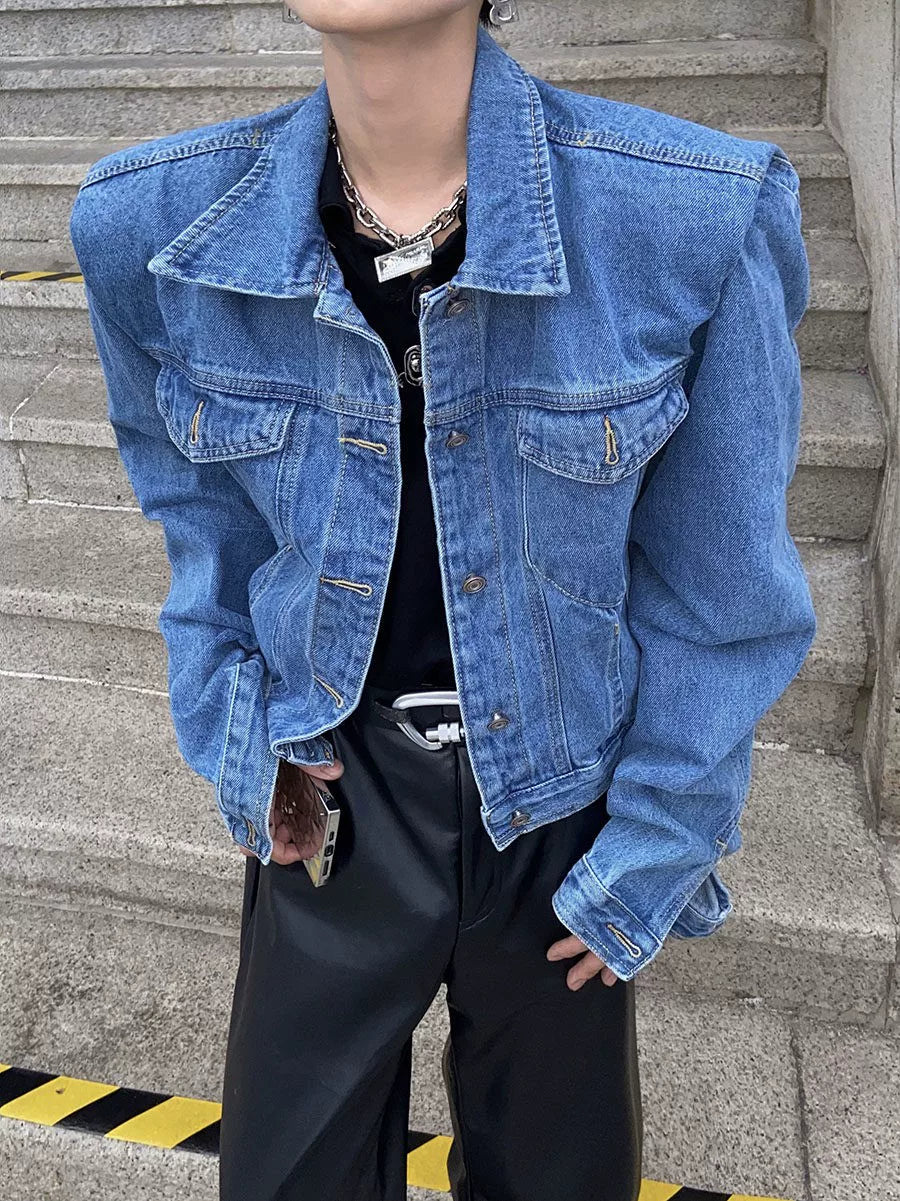 Pleated Short Denim Jacket with Padded Shoulders - Dark Blue Top