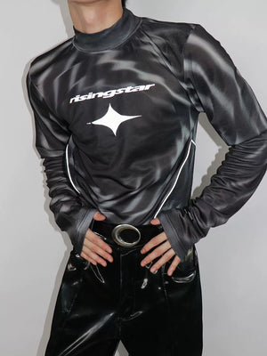 Reflective Mock-Neck Long-Sleeve Tee in Black - main image 1