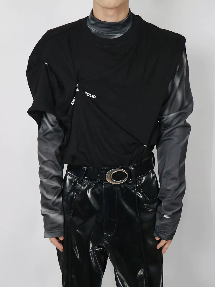 Reflective Mock-Neck Long-Sleeve Tee in Black - main image 2