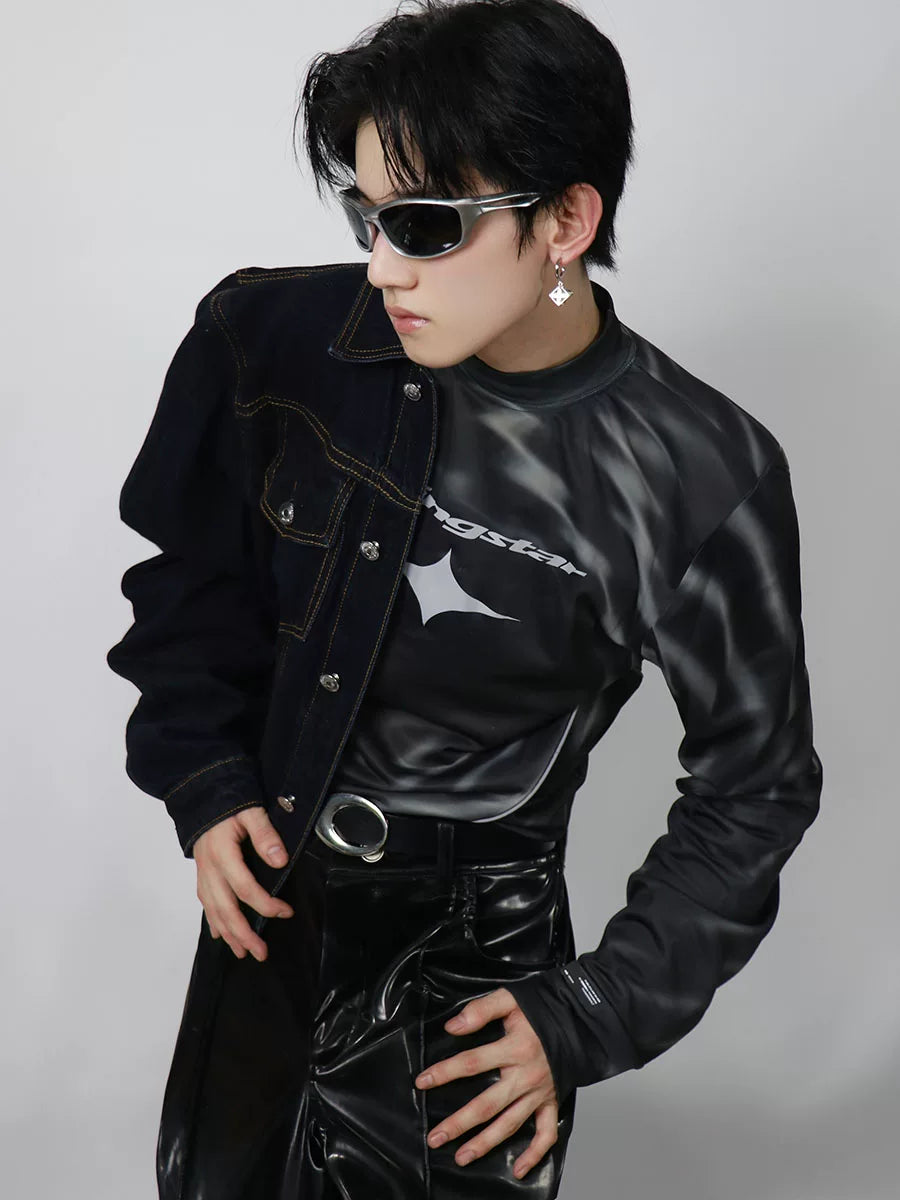 Reflective Mock-Neck Long-Sleeve Tee in Black - main image 3