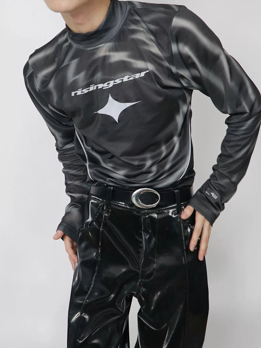 Reflective Mock-Neck Long-Sleeve Tee in Black - Black