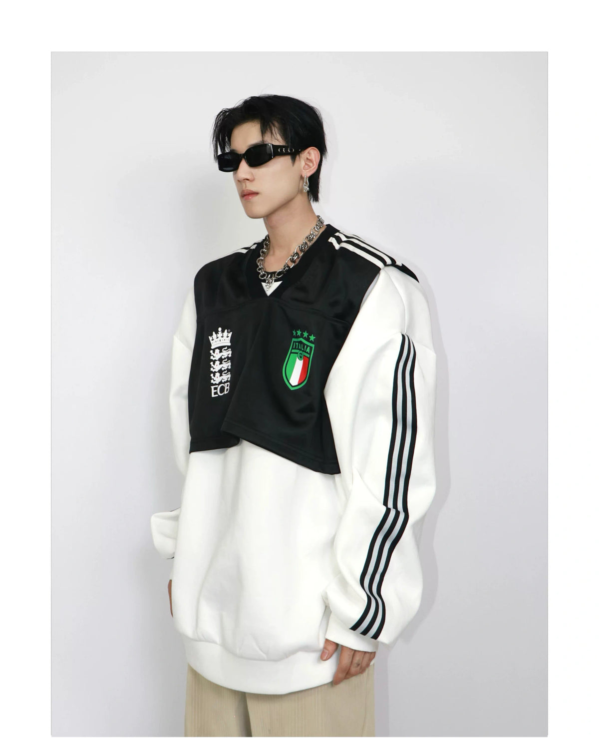 Black White Layered Faux-Two-Piece Long-Sleeve Tee - description image 2
