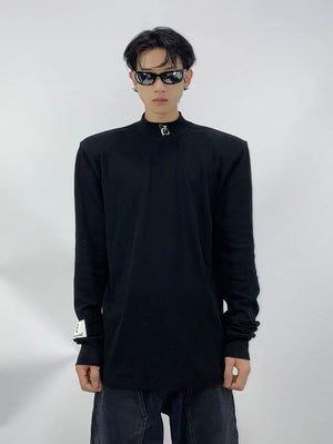 Black Embossed Graphic Turtleneck Long Sleeve Top - main image 1