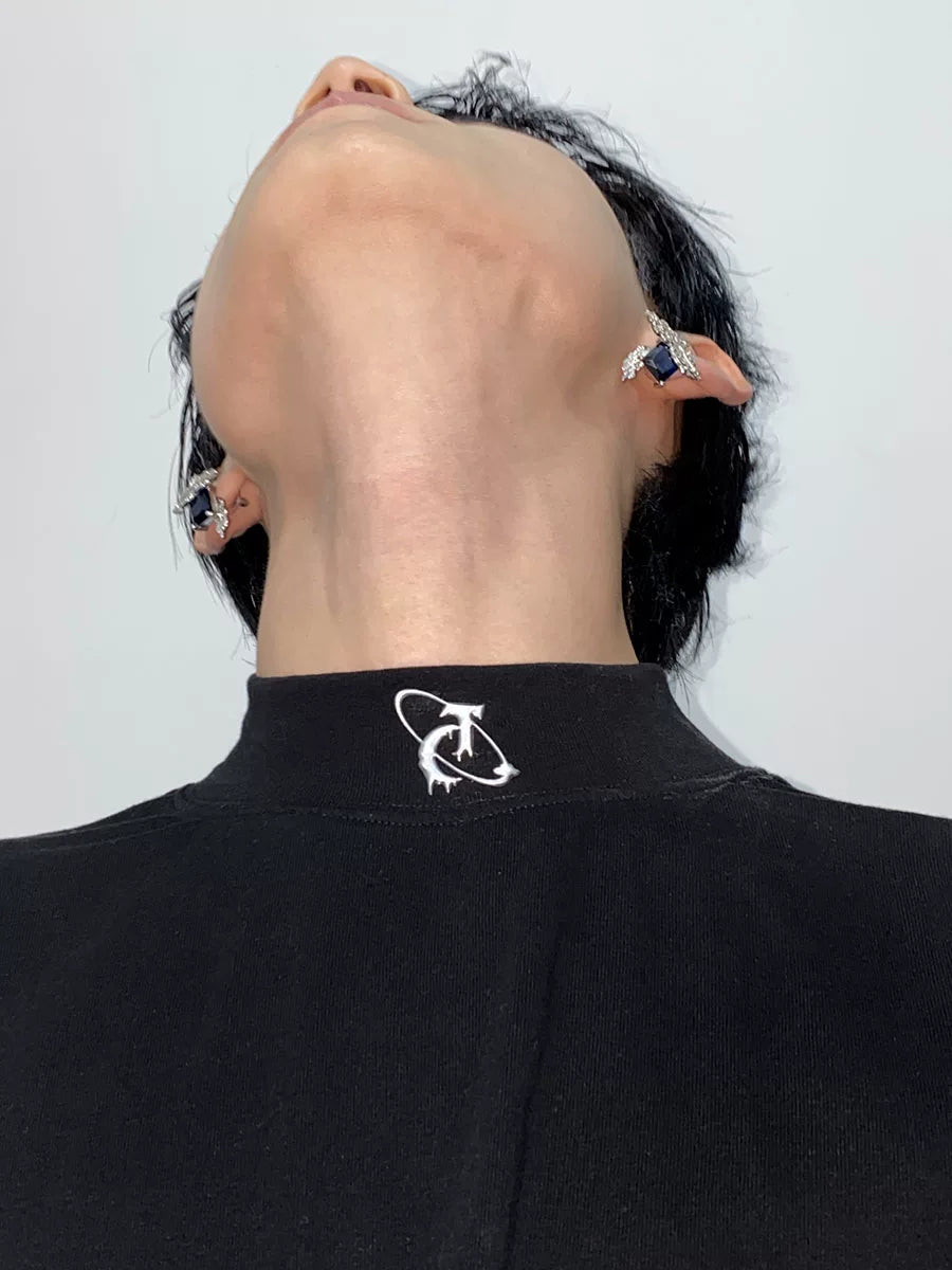 Black Embossed Graphic Turtleneck Long Sleeve Top - main image 3