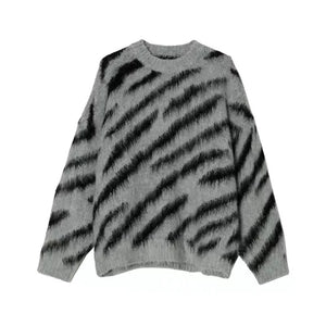 Colorblock Zebra Knit Sweater | Relaxed Crewneck - Gray