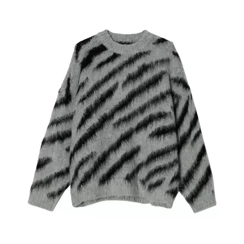Colorblock Zebra Knit Sweater | Relaxed Crewneck - Gray