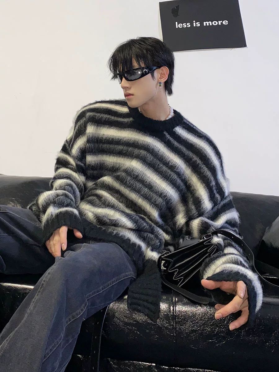 Black and White Striped Relaxed Crew-Neck Sweater - main image 2