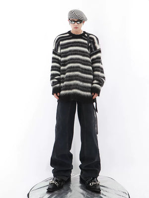 Black and White Striped Relaxed Crew-Neck Sweater - main image 5
