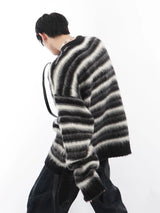 Black and White Striped Relaxed Crew-Neck Sweater - Black and White
