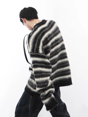 Black and White Striped Relaxed Crew-Neck Sweater - Black and White