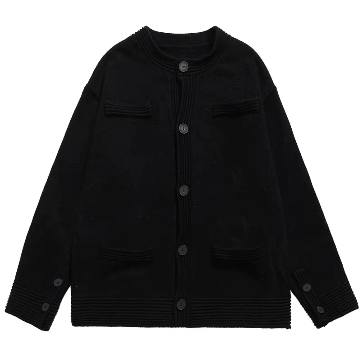 Relaxed Cotton-Wool Knit Cardigan | Button Front - Black