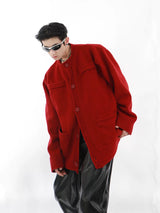Relaxed Cotton-Wool Knit Cardigan | Button Front - Red