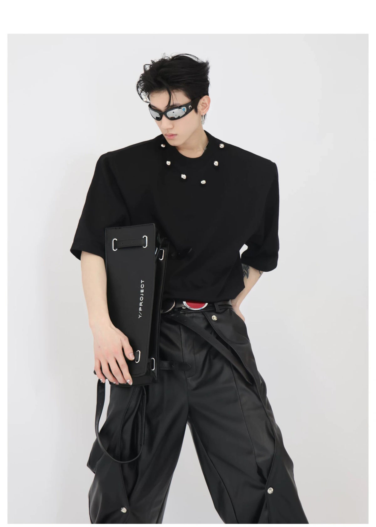 Black Cotton Oversized T-Shirt with Metal Detail - description image 8