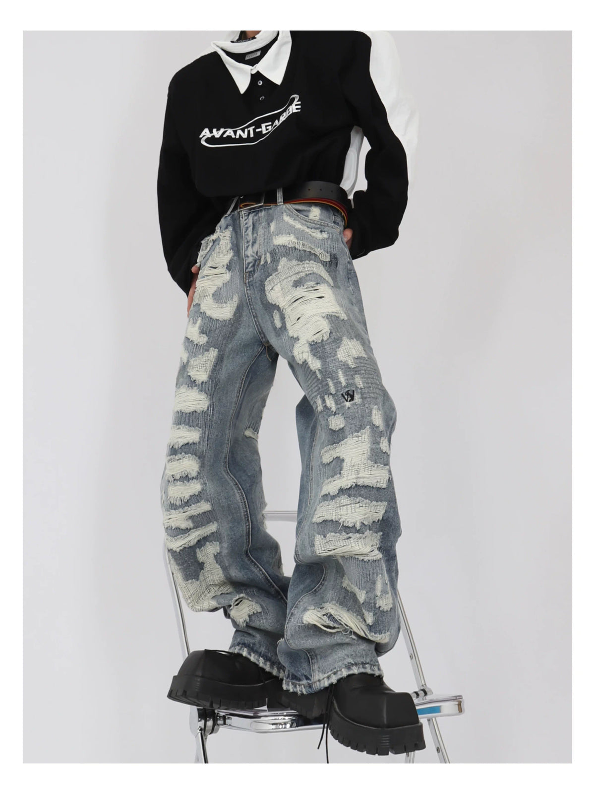 Distressed Light Blue Relaxed Straight-Leg Jeans - description image 12