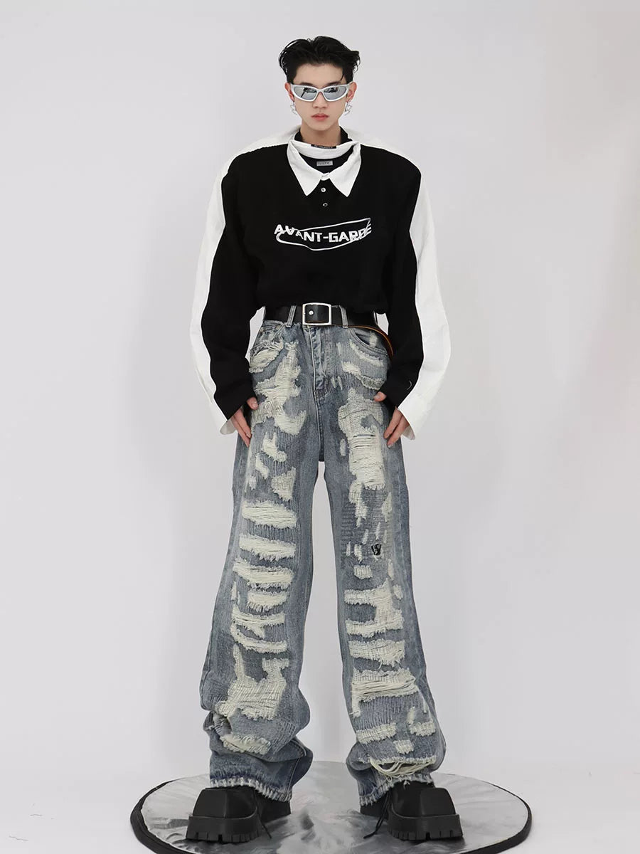 Distressed Light Blue Relaxed Straight-Leg Jeans - main image 2