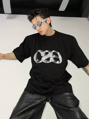 Oversized Cotton T-Shirt with Dimensional Letter Print - Black