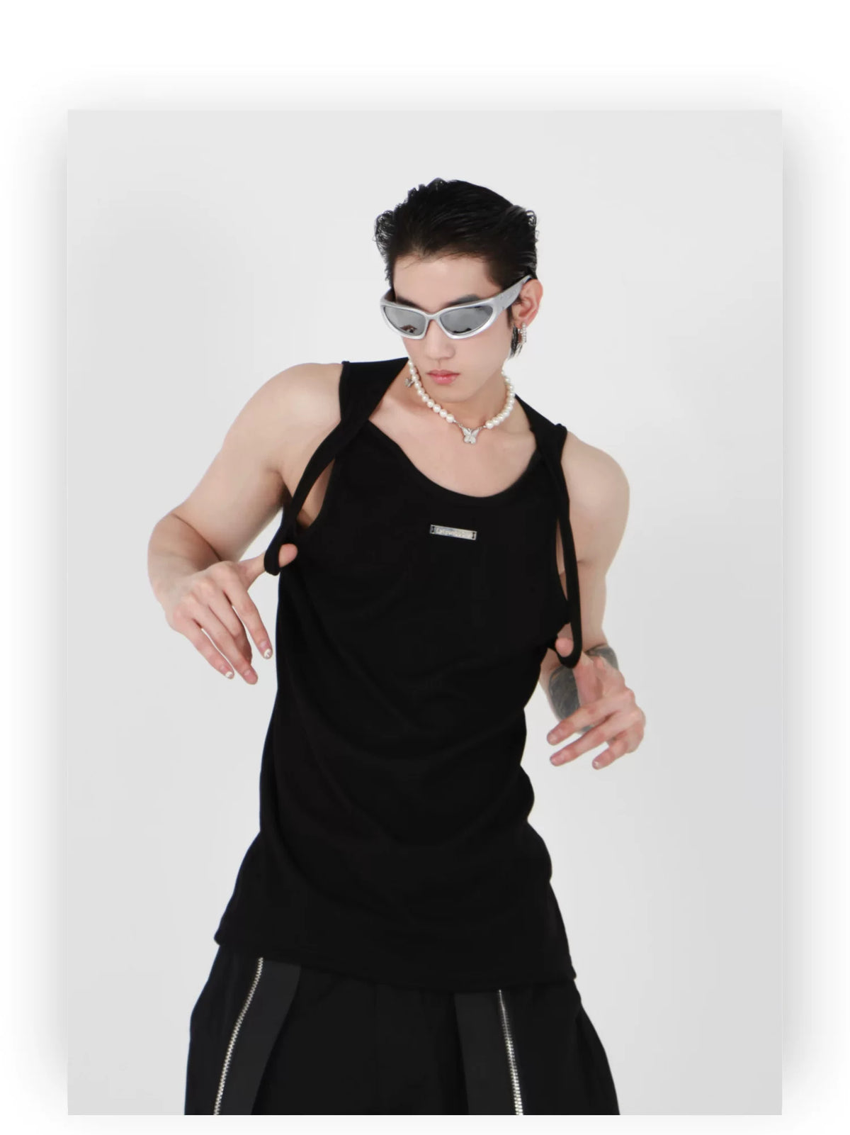 Black Cotton Double-Strap Metal Detail Sleeveless Top - description image 3