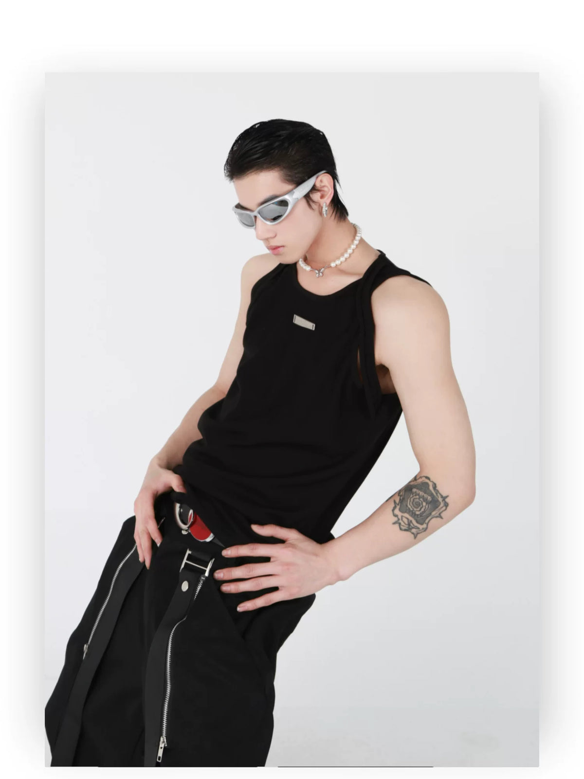 Black Cotton Double-Strap Metal Detail Sleeveless Top - description image 6