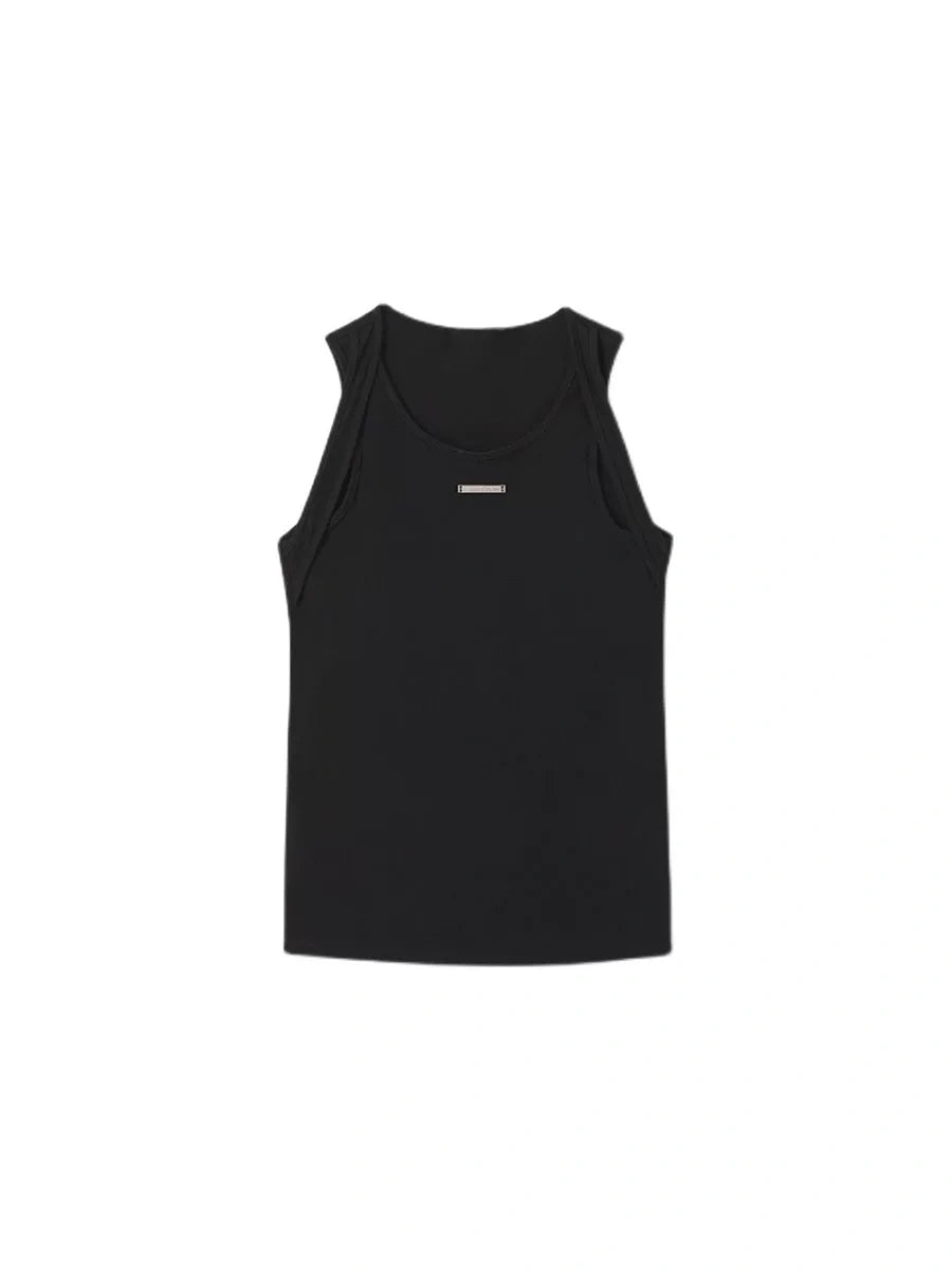 Black Cotton Double-Strap Metal Detail Sleeveless Top - main image 5