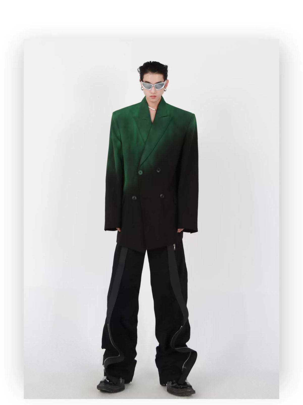 Black Green Gradient Relaxed Double-Breasted Blazer - description image 13