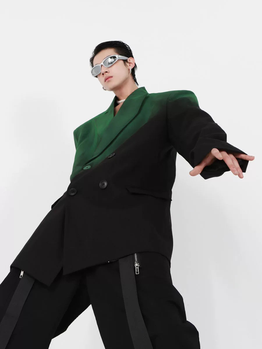 Black Green Gradient Relaxed Double-Breasted Blazer - main image 4