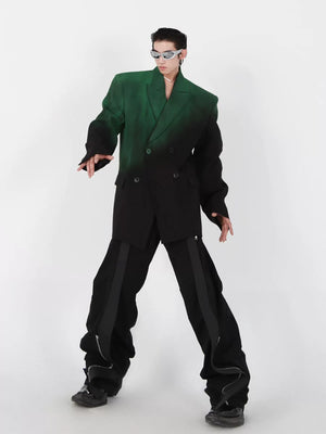 Black Green Gradient Relaxed Double-Breasted Blazer - main image 5