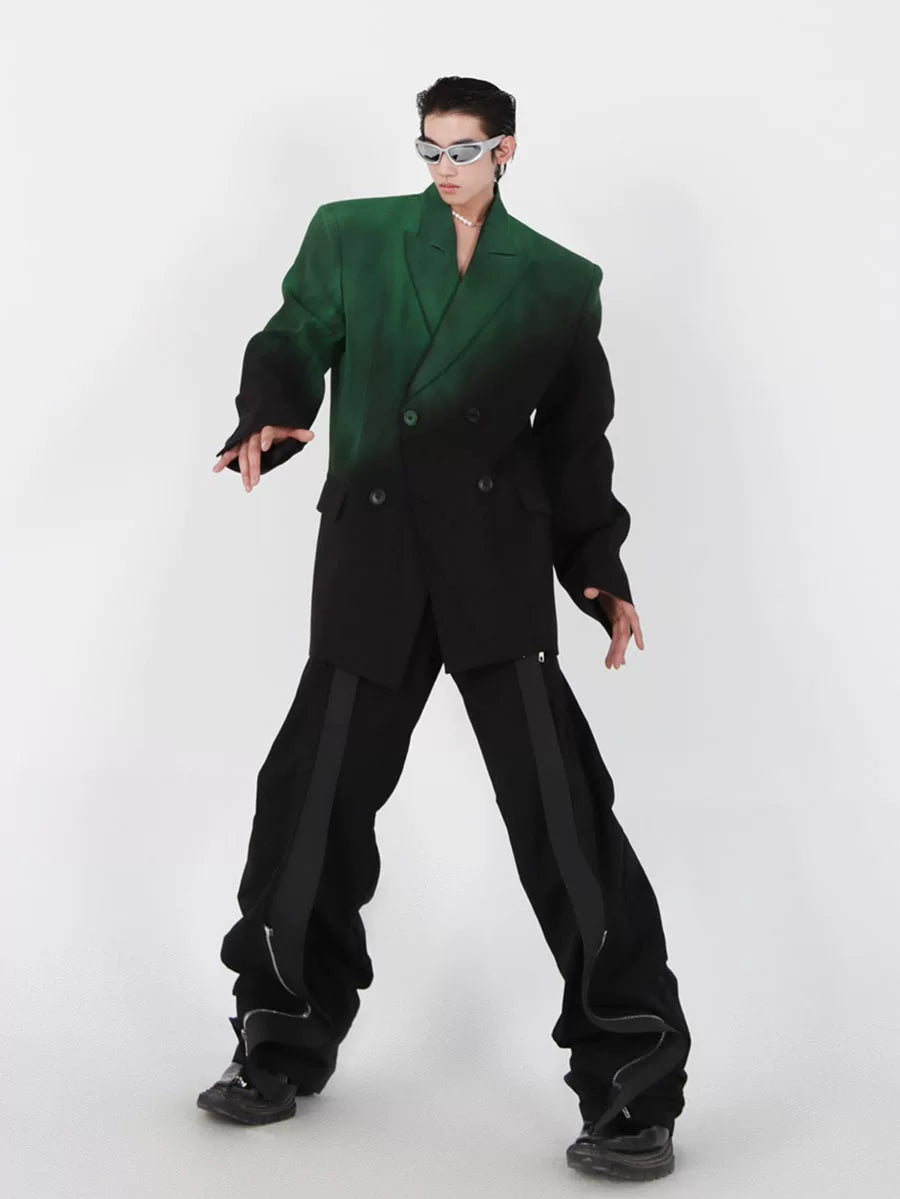 Black Green Gradient Relaxed Double-Breasted Blazer - main image 5