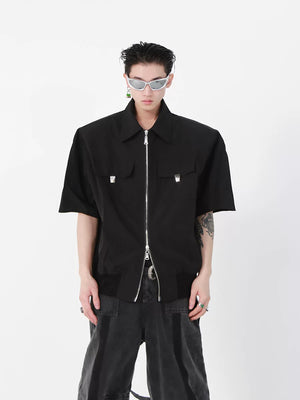 Cropped Zip Polo Jacket in Polyester | Unisex - Black