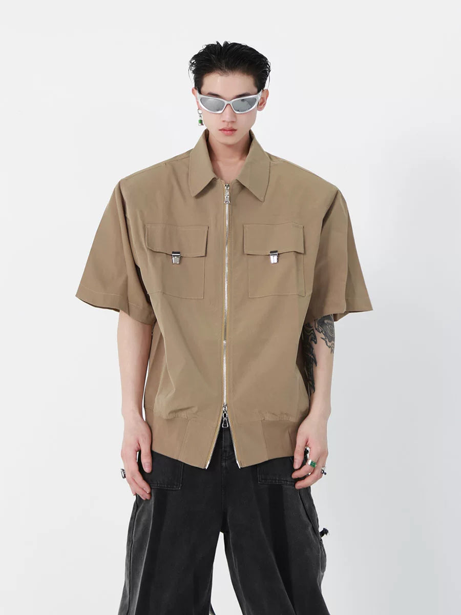Cropped Zip Polo Jacket in Polyester | Unisex - Khaki