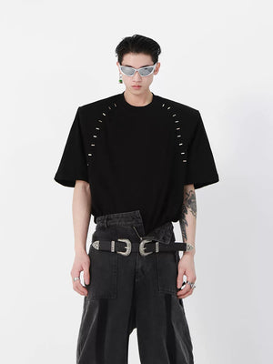 Relaxed Cotton Metal-Bead Shoulder T-Shirt - Black