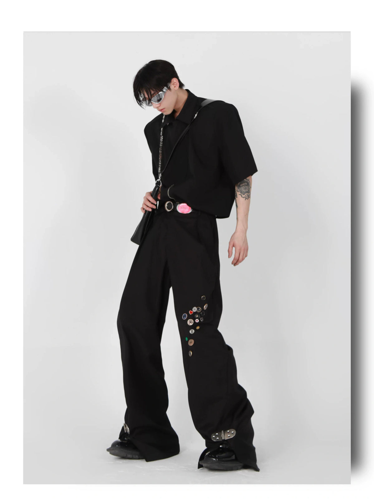 Black High-Waist Metal-Button Straight-Leg Trousers - description image 9