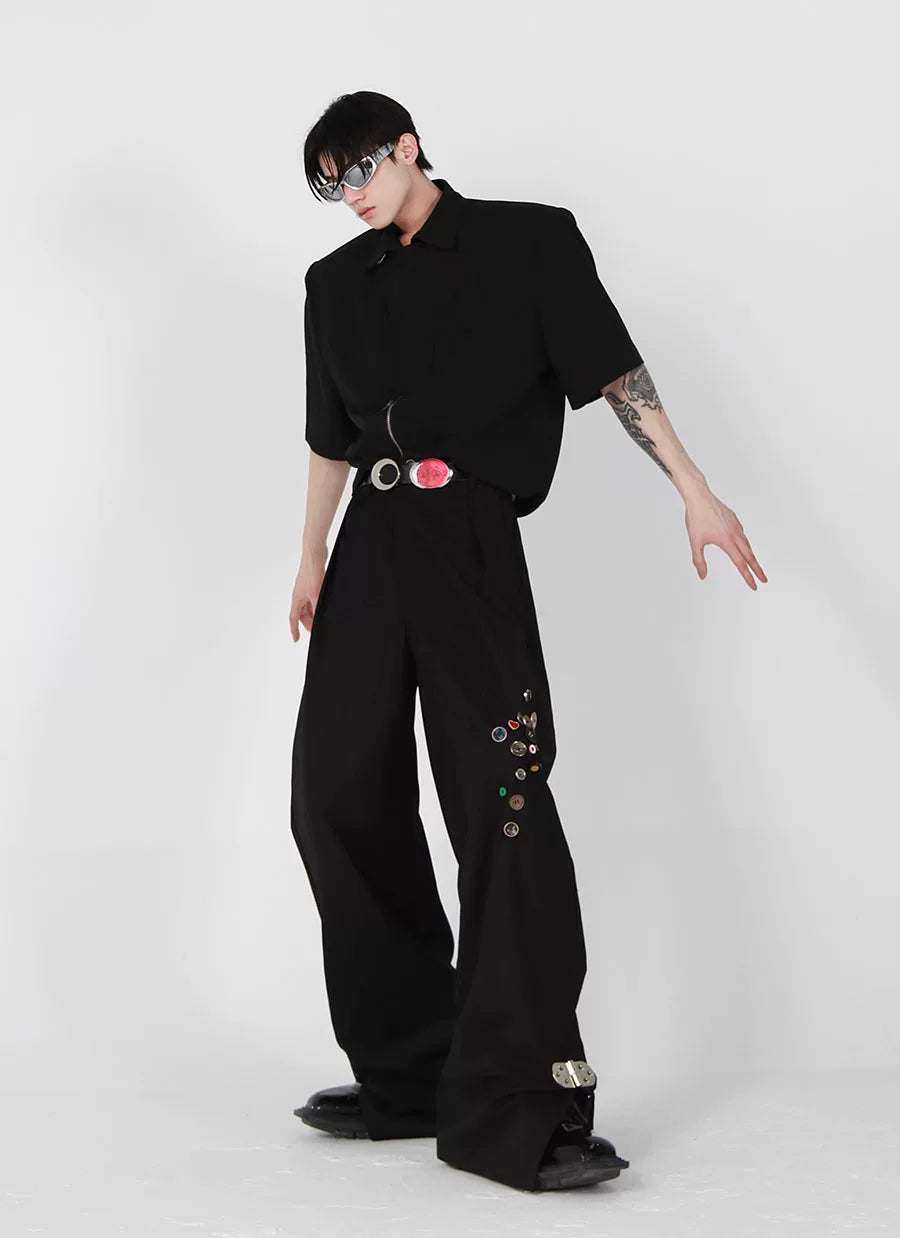 Black High-Waist Metal-Button Straight-Leg Trousers - main image 3