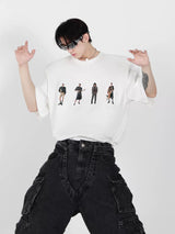 Relaxed Cotton Figure Print Shoulder-Pad T-Shirt - Brown-White