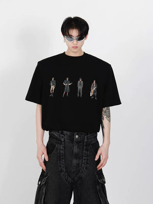 Relaxed Cotton Figure Print Shoulder-Pad T-Shirt - Brown-Black