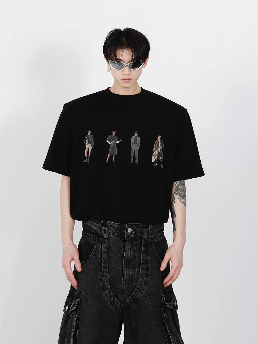 Relaxed Cotton Figure Print Shoulder-Pad T-Shirt - Brown-Black