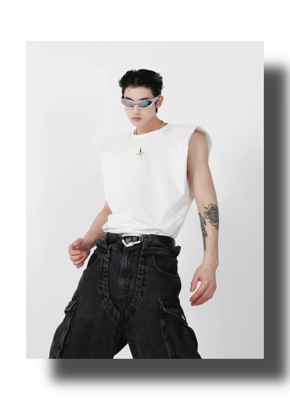 Relaxed Cotton Tank Top with 3D Metal Detail - description image 1