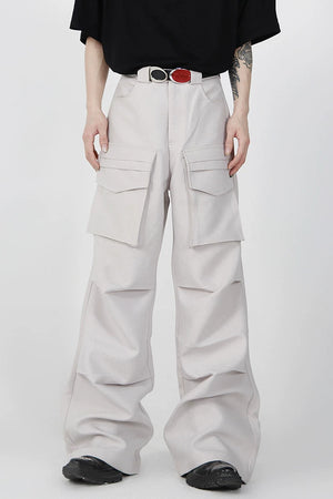 Pleated Wide-Leg Cargo Pants with Utility Pockets - Light Gray