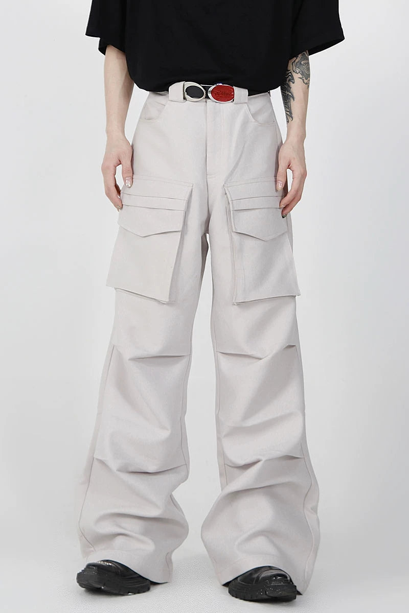 Pleated Wide-Leg Cargo Pants with Utility Pockets - Light Gray