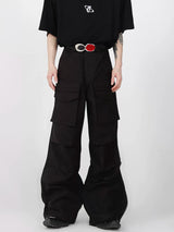 Pleated Wide-Leg Cargo Pants with Utility Pockets - Black