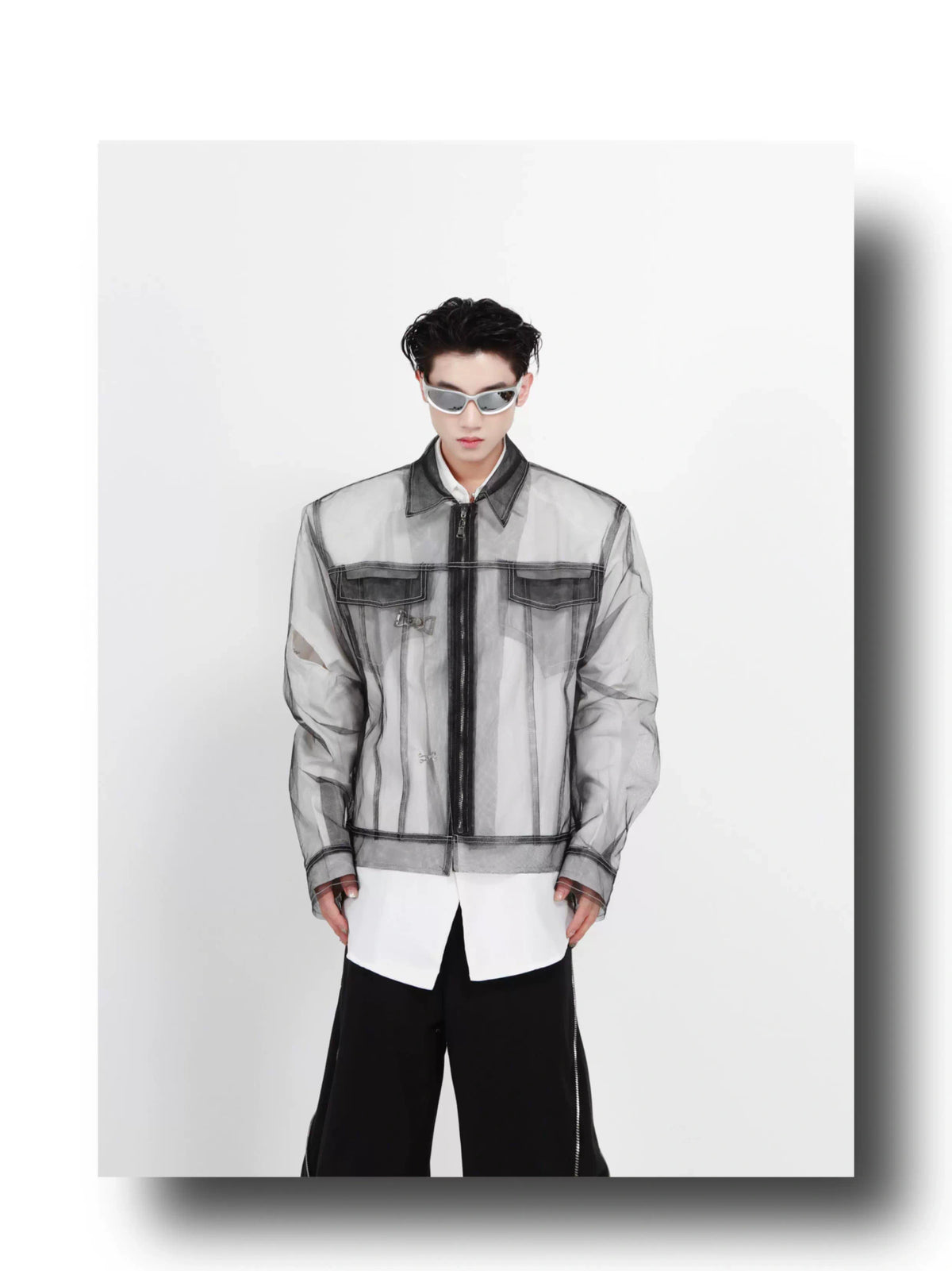 Longline Black Cotton Mesh Shirt Jacket - description image 1